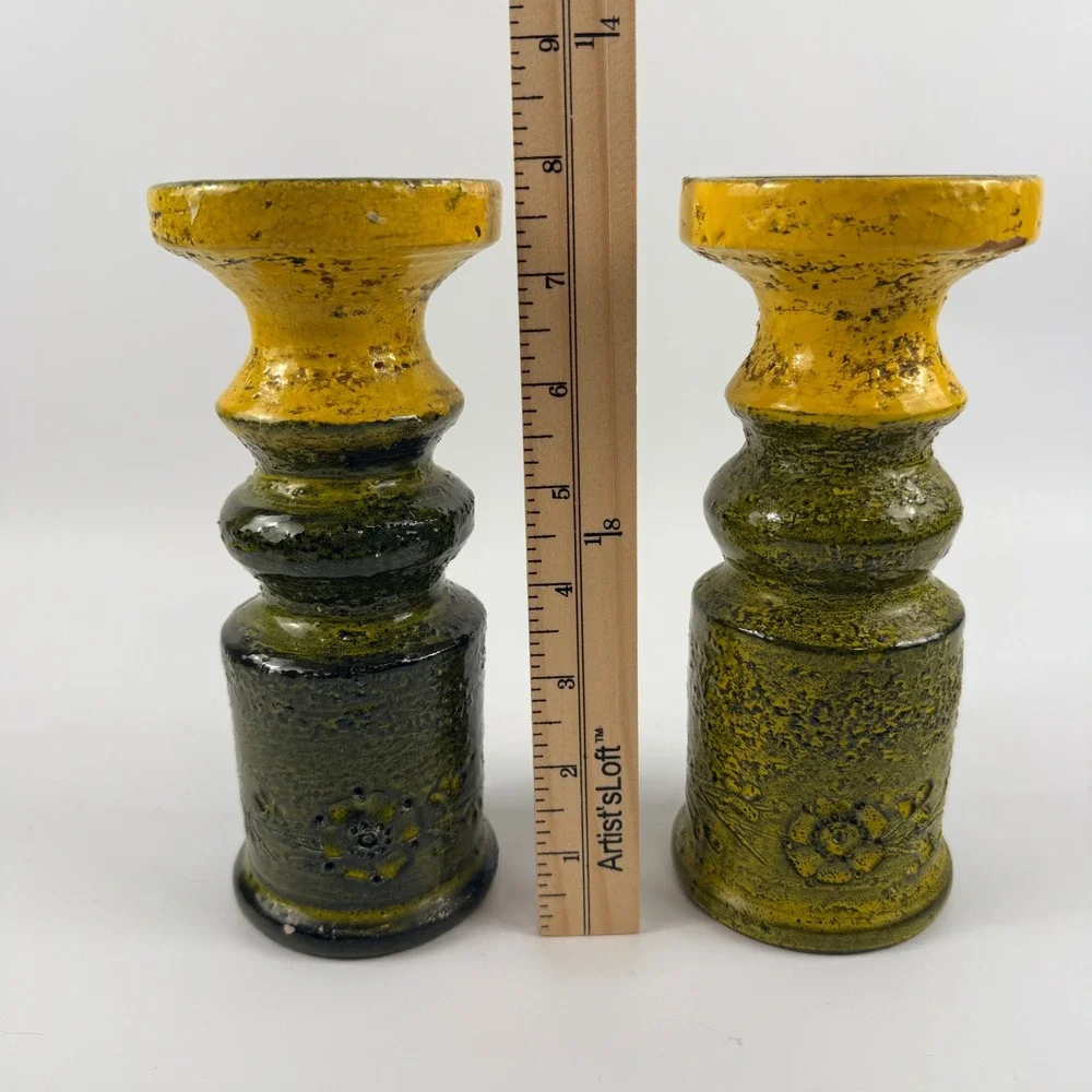 Bitossi Rosenthal Netter Italian Pottery Candle Holders Green Yellow Pair